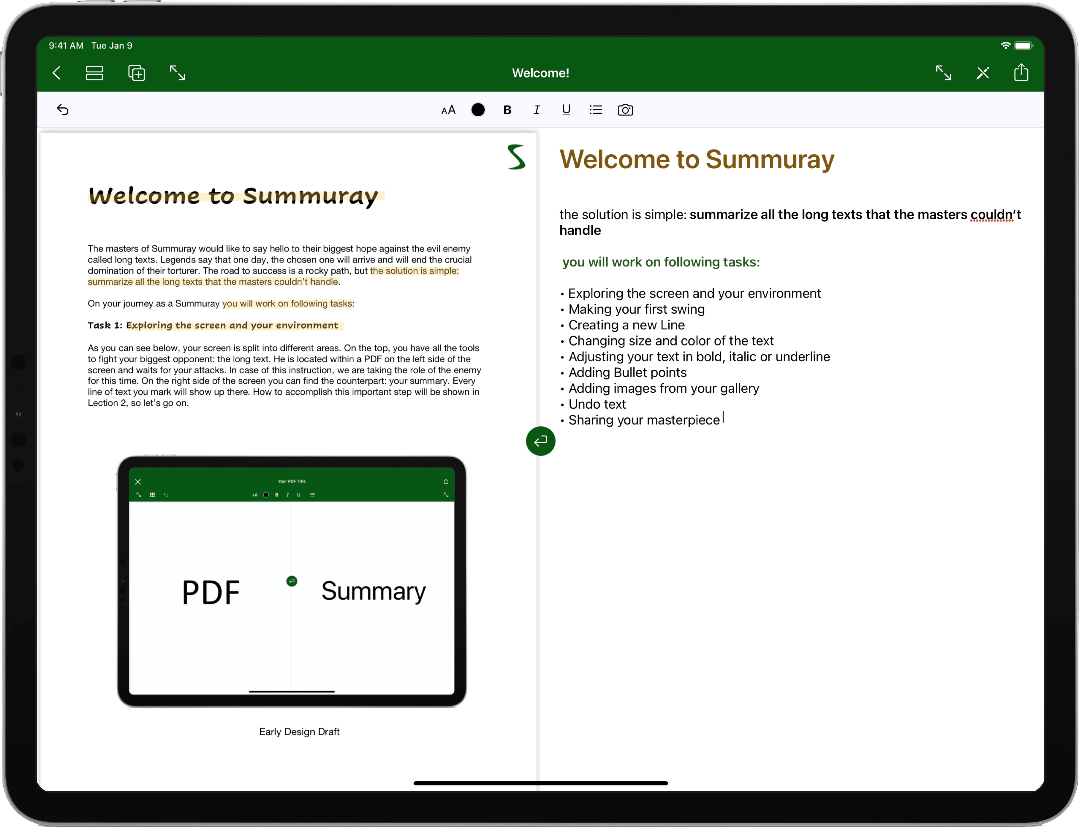 The Summuray App interface for text selection on an iPad